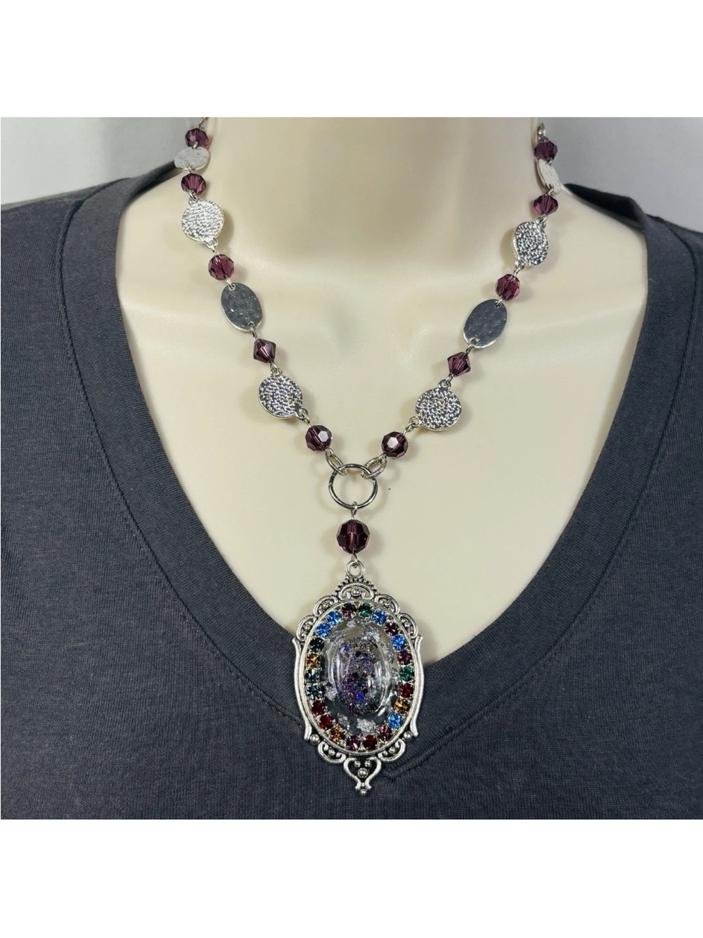 Handmade Necklace Glass Bead Resin Rhinestone Silvertone Purple 15.25" -19.25"